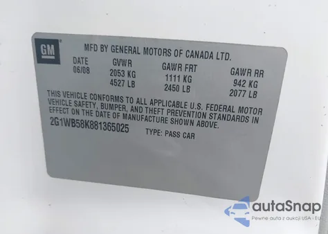 2008 Chevrolet Impala Ls из США, поврежденный, VIN 2G1WB58K881365025